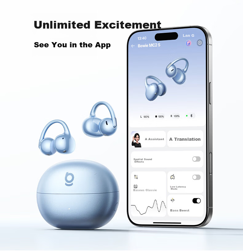 BASEUS [Latest Model 2026] MC2 S Comfortable Ear Clip Bluetooth Headphones, Open-Style Non-In Sports Call Noise Reduction AI Translation Long Battery Life Phantom Black 48