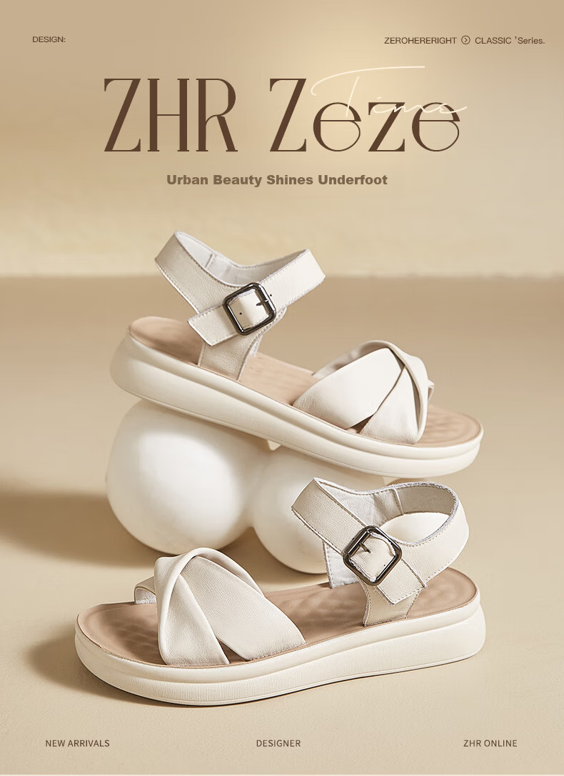 ZHR Zese First Layer Cowhide Thick Sole Sandals Women Summer Breathable Open Toe Comfortable Leather Soft Sole Single Strap Shoes EQ05 Beige Size 36 1