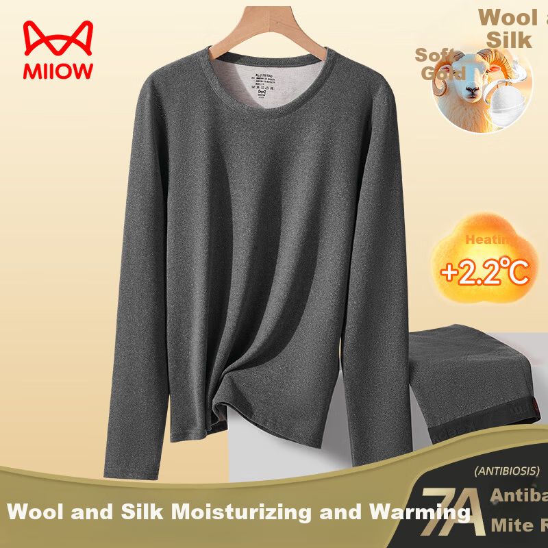 MiiOW Men's Thermal Underwear Set with Wool and Silk, Lightweight, Soft, Slim Fit, Cold-Resistant Autumn Shirt and Pants, Dark Gray XL