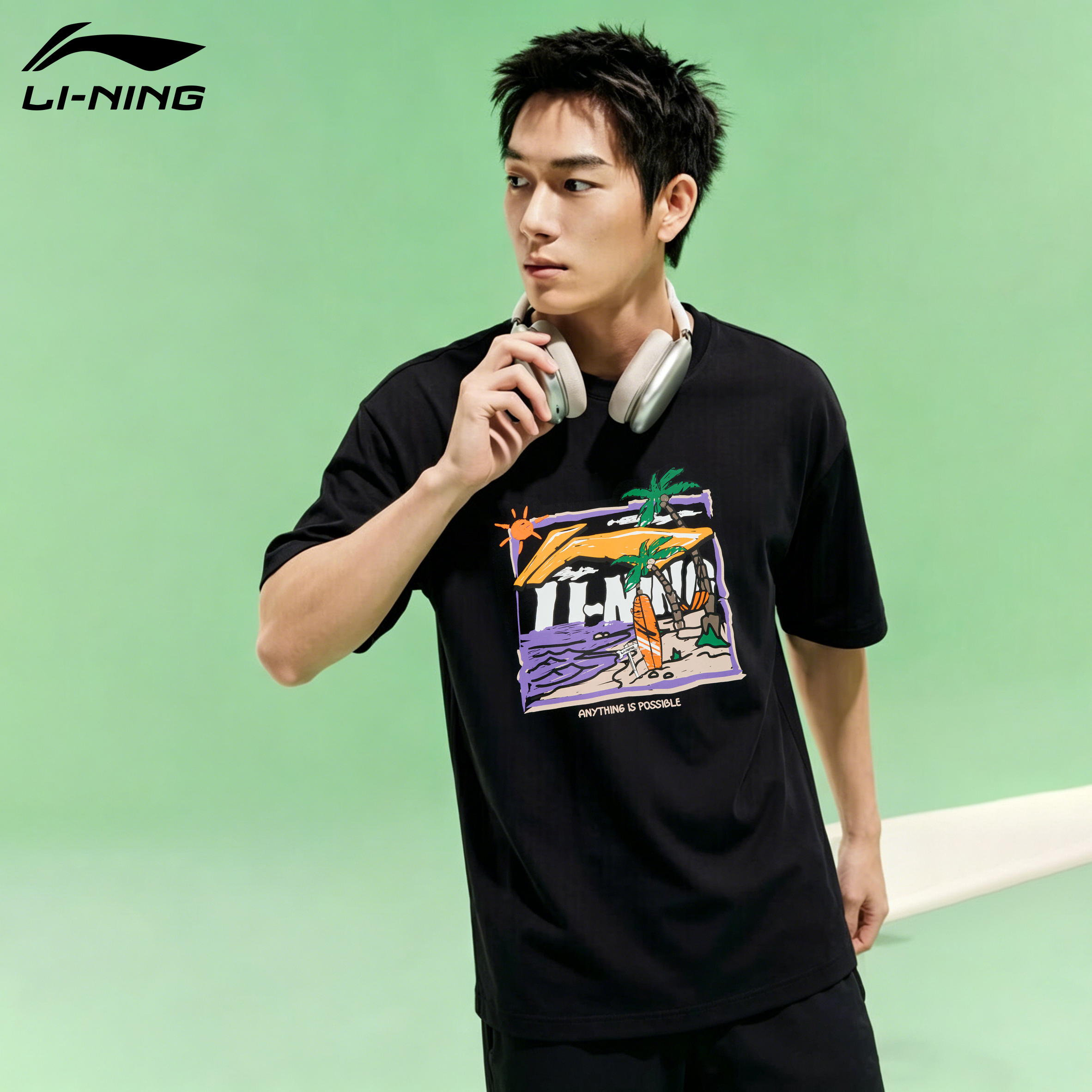 LI-NING Men's Summer 2026 New Comfortable Breathable Short Sleeve Crew Neck Casual Printed Sports T-Shirt