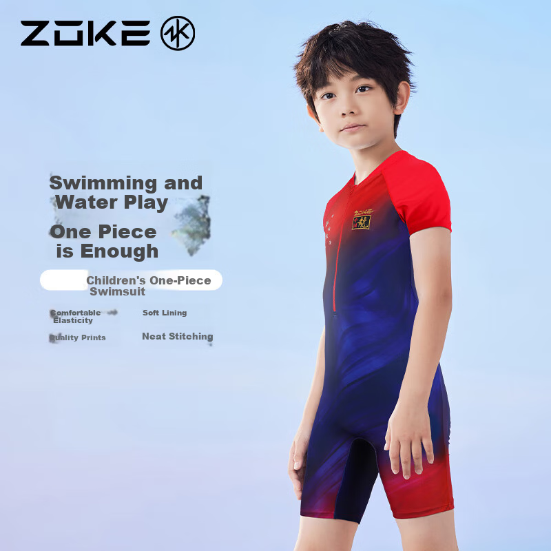 ZOKE Kids Boys One-Piece Square Leg Sports Short Sleeve Swimwear 125503540 Red Blue China Flower 12