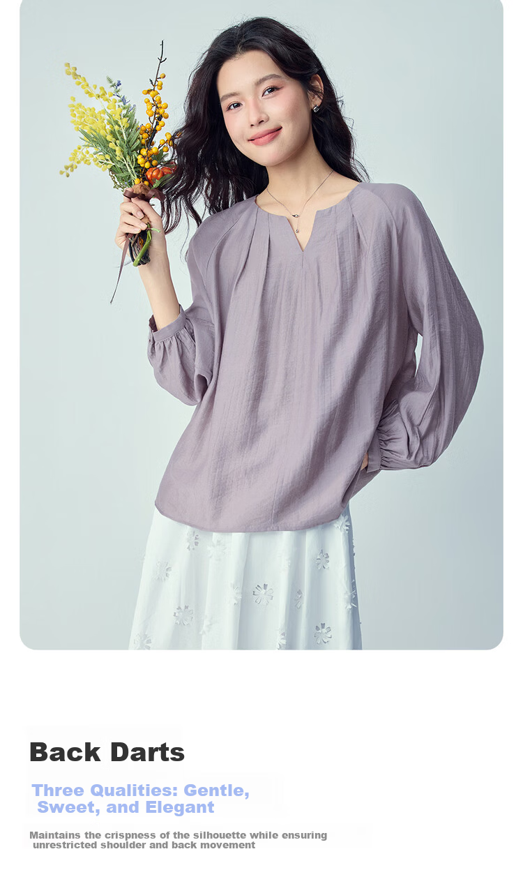 Giordano 2026 Spring New Pleated V-Neck Loose Raglan Textured Long Sleeve Shirt for Women 05346117 5