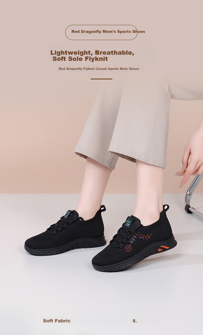 Red Dragonfly Women's Flyknit Breathable Casual Sports Shoes for Middle-aged and Elderly, Mesh, Versatile WXB150291 Black Size 35 1