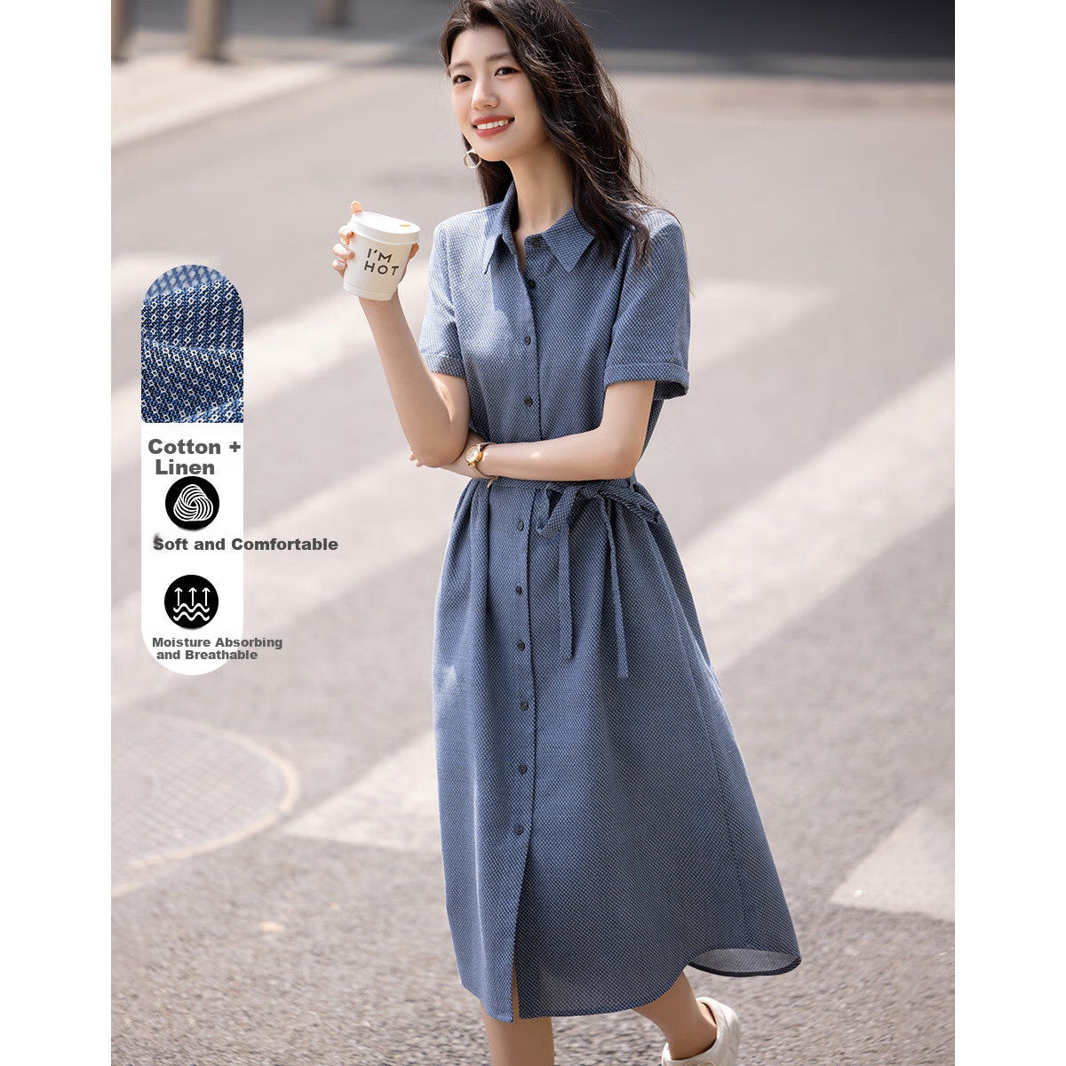 Demana Elegant Supreme Summer Comfortable Linen Cotton Blend Lapel Tie Straight Small Petite Women's Dress