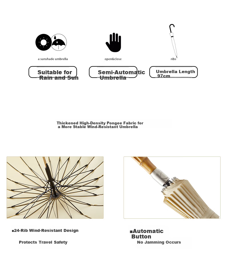 Obsu Japan 24-Rib Bamboo Joint Heavy Rain Umbrella Sturdy Long Handle Simple Design Black 2