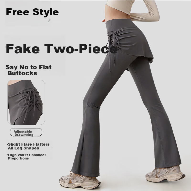 Free Style Faux Two-Piece High-Waist Slimming Yoga Pants for Women, Hip-Covering, Anti-Exposure Pilates Running Fitness Flared Skirt Pants