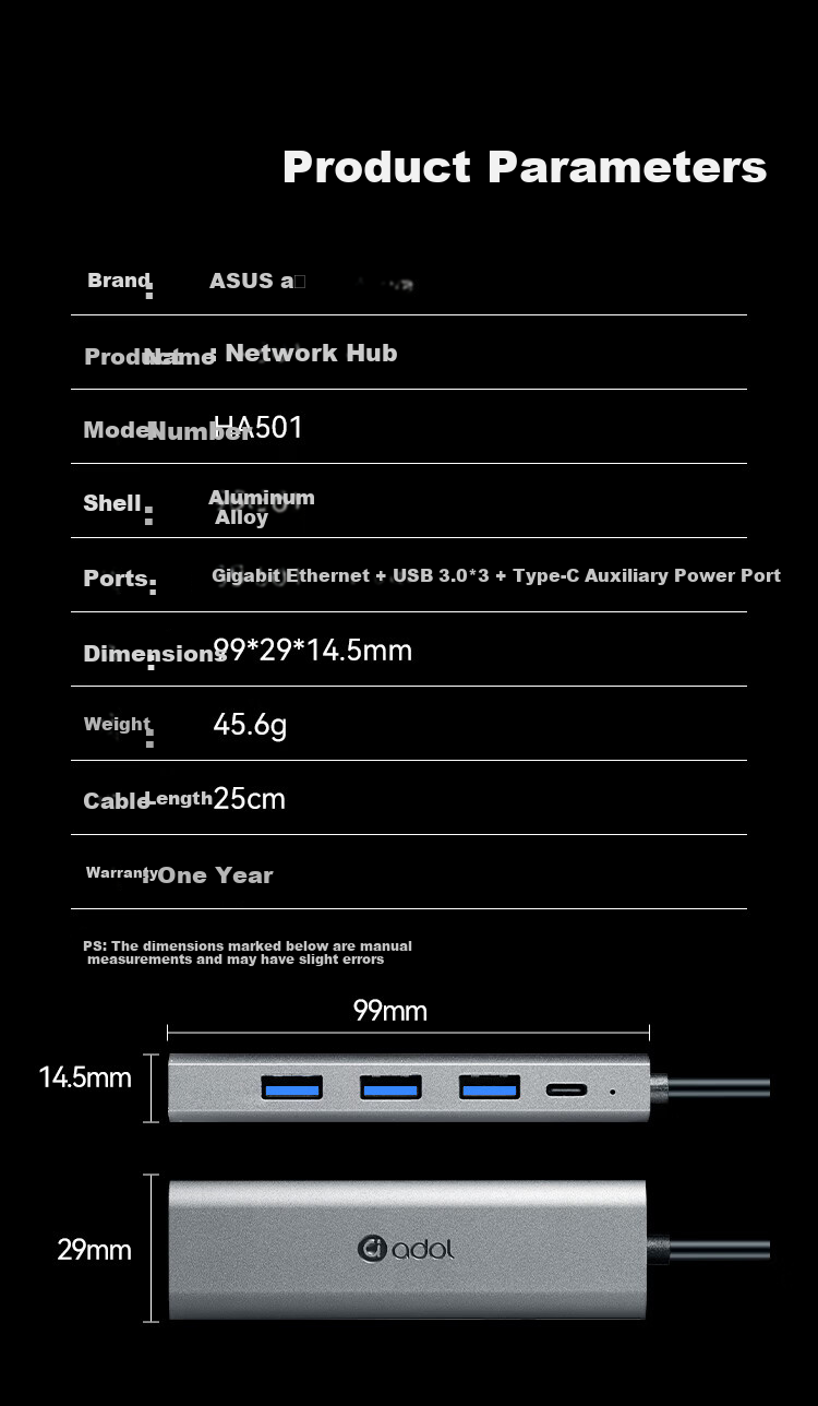 ASUS a USB to Ethernet Adapter USB Dock RJ45 Gigabit Network Cable Converter USB Splitter Laptop Docking Station Extension Cable USB Expander HA501 Gigabit 17