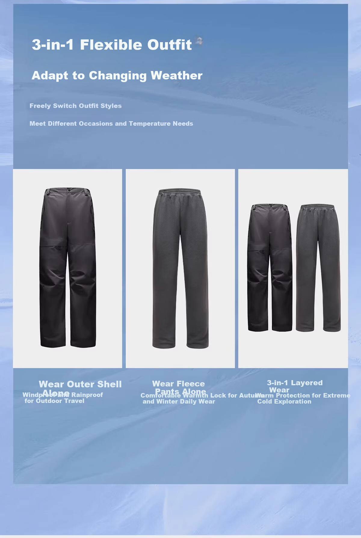CAMEL Men's Outdoor 3-in-1 Windproof Waterproof Fleece Lined High Breathability Anti-Hypothermia Mountaineering Pants Women M 13
