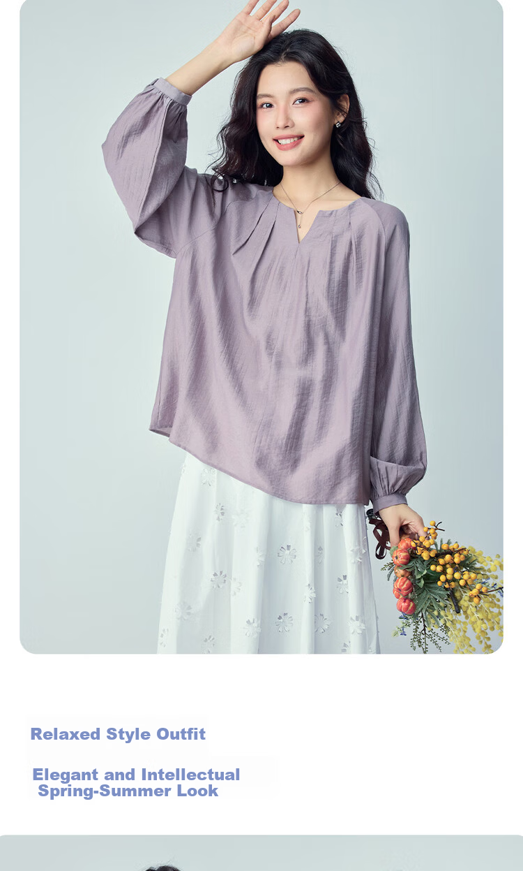 Giordano 2026 Spring New Pleated V-Neck Loose Raglan Textured Long Sleeve Shirt for Women 05346117 7