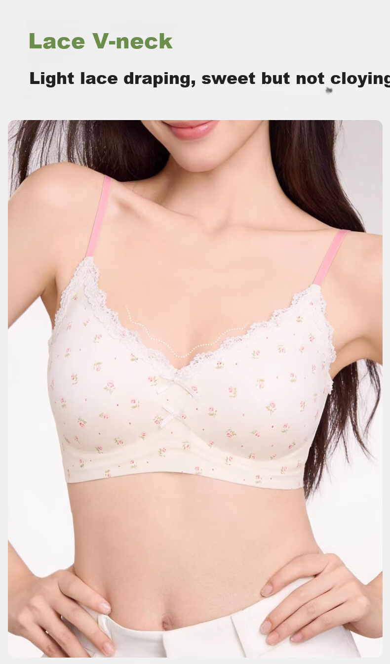 Miiow Lace Floral Lingerie Women's Small Bust Push-Up Bra Anti-Sagging Side Support Seamless Wireless Sweet Bra 8
