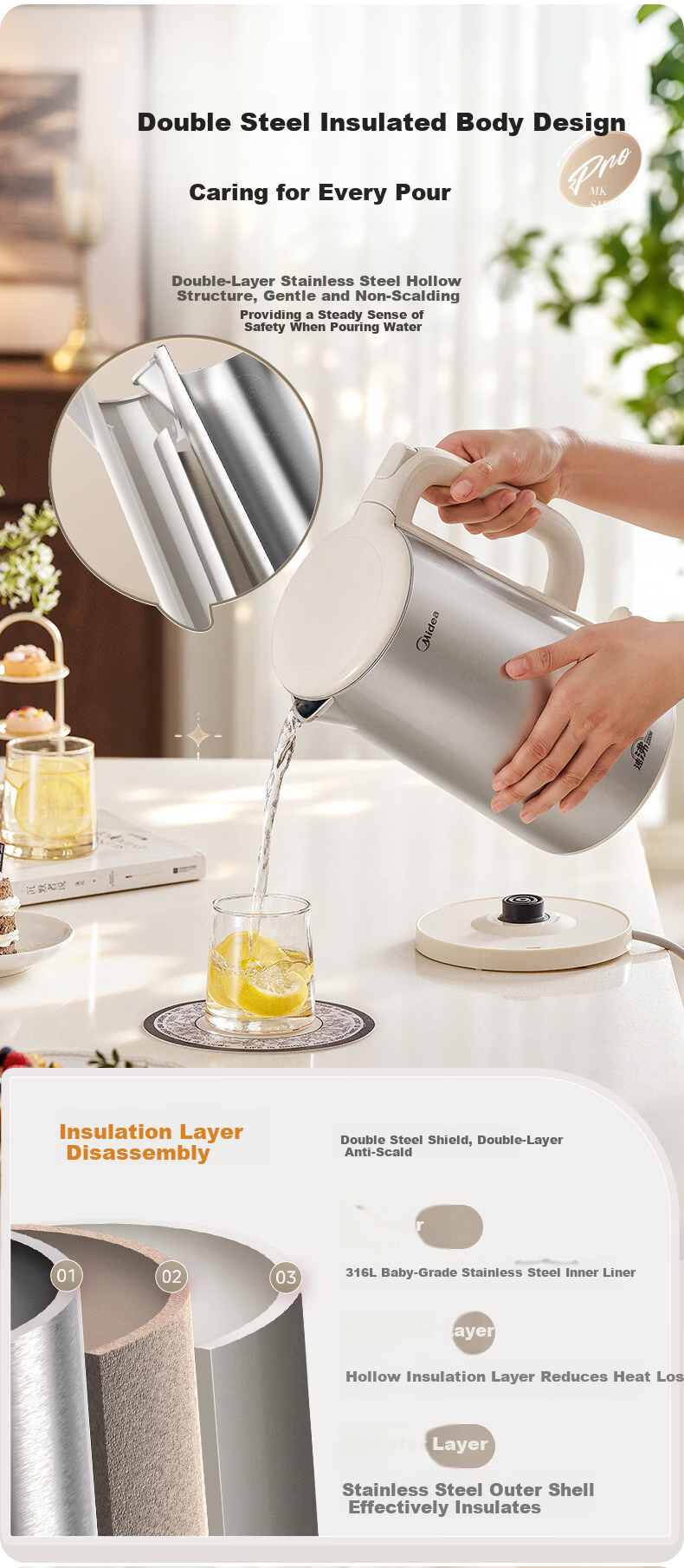 Midea Electric Kettle 2200W Fast Boil Double Stainless Steel Auto Shut-Off 316L Baby-Grade Stainless Steel 2L Large Capacity MK-SH20M126-PRO 8
