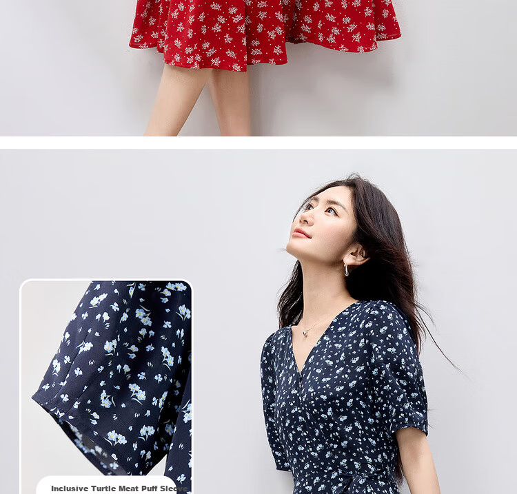 Sentubila Elegant Vacation Style V-Neck Dress for Women Summer Lantern Sleeve High Waist Floral Mermaid Slimming Mid-Length Dress 10