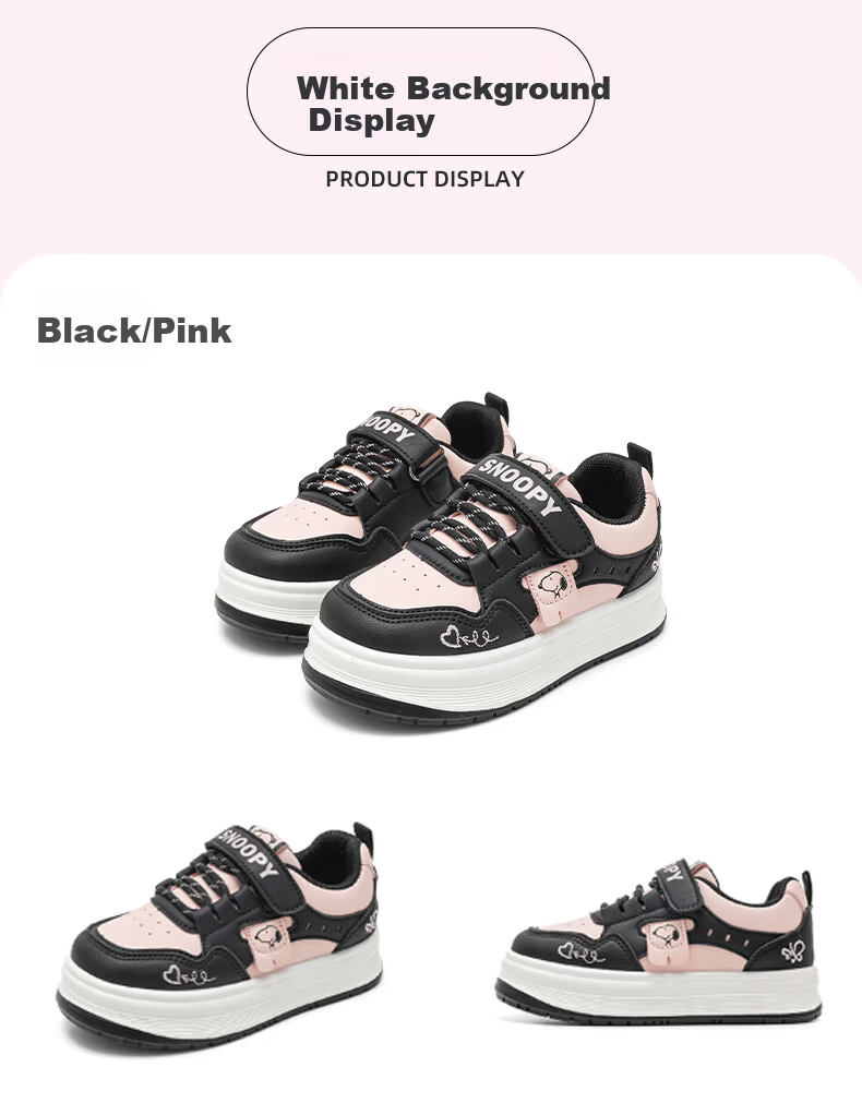 SNOOPY 2026 Spring Children's Lightweight Velcro Sneakers Girls School Casual Sports Shoes 0020 Black/Pink Size 28 5