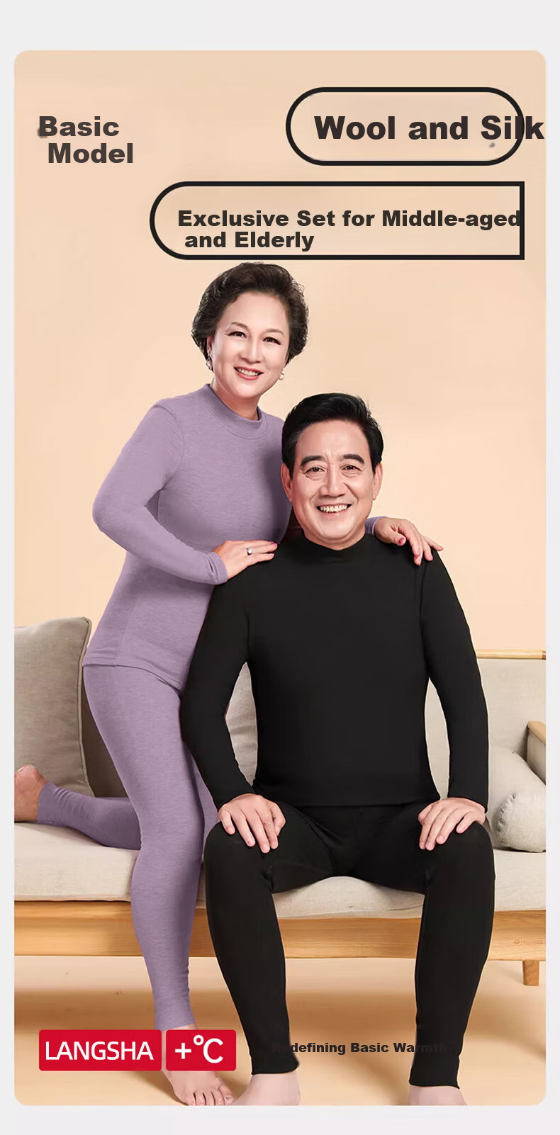 LangSha Women's Autumn Thermal Underwear Set Mid-Aged and Elderly Mid-Neck Windproof Warm Wool and Silk 7A Antibacterial Thin Warm Innerwear Set 3