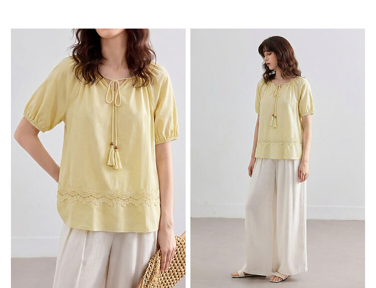 Demana Pure Cotton Tassel Tie Round Neck Shirt Women Summer New Lace Splicing Ruffle Loose Blouse 5