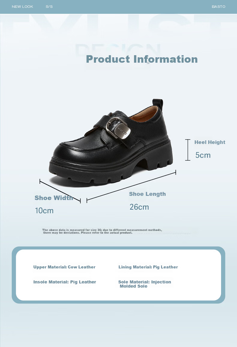 BASTO 26 Spring Comfortable Leather Thick Sole Chunky Heel Loafers Women's Shoes A6502AM6 Black Size 38 5