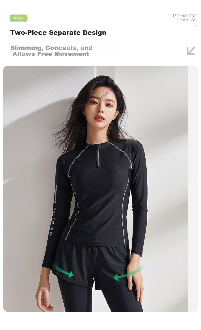 ANTA Women's Two-Piece Long Sleeve and Long Pants Swimsuit Conservative Plus Size Swimwear Sun Protection Surfing Diving Suit Black L 6