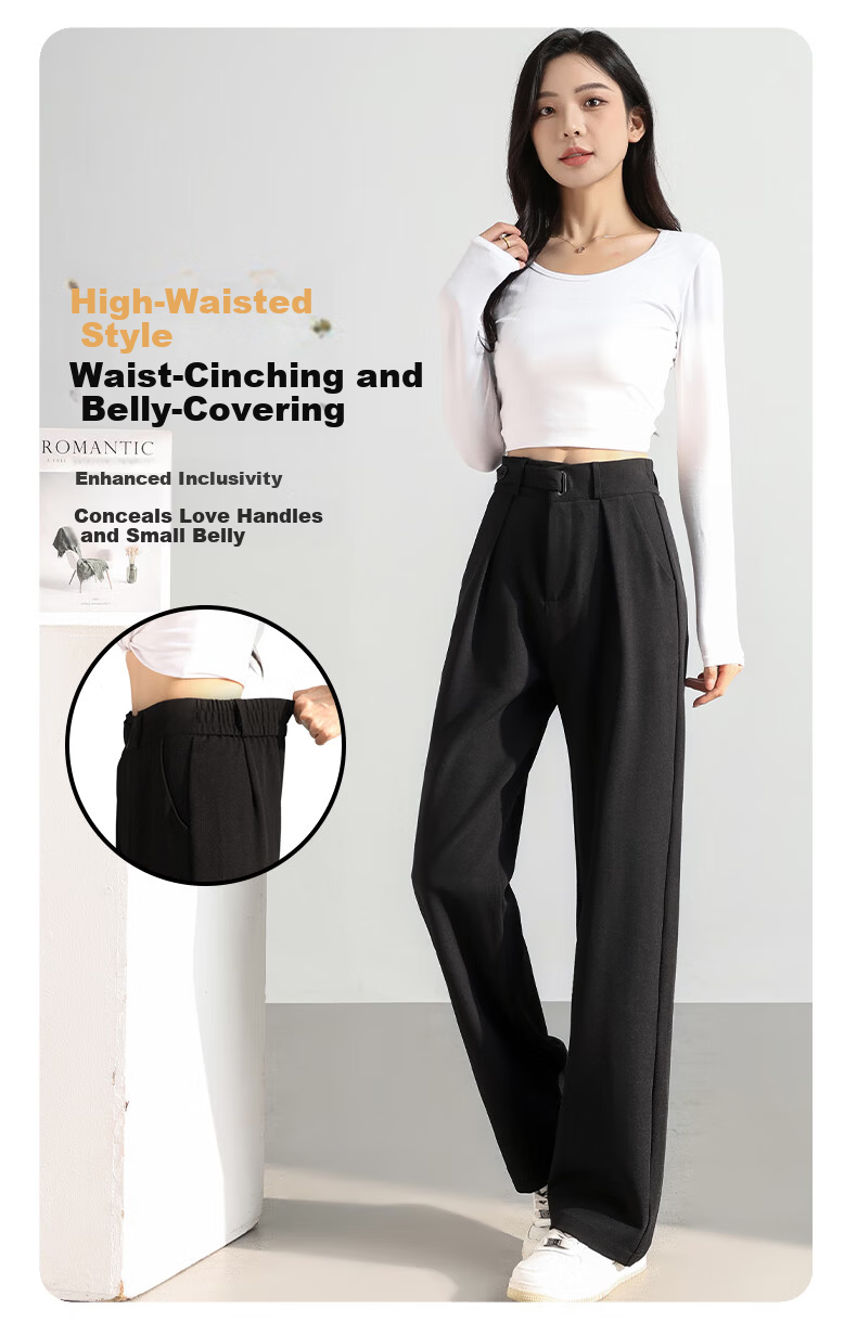 FitonTon Women's Black Early Autumn 2025 Draped Elegant Casual Wide-Leg Straight-Leg Trousers 3