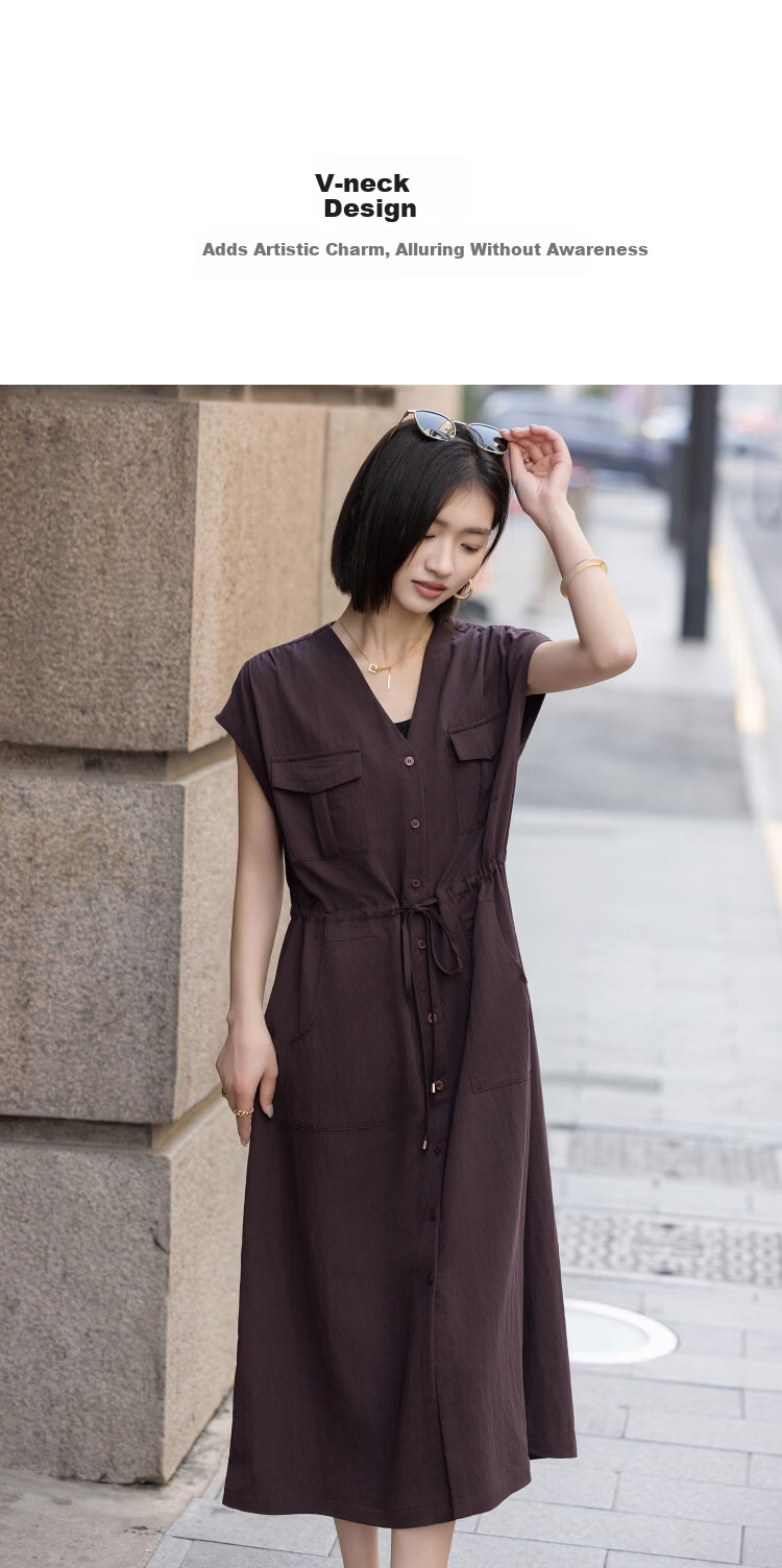 Demana Elegant Aesthetic Summer Urban Style V-Neck Raglan Sleeve Waist-Defining Slimming Concealed Dress for Women High-End Feel 4