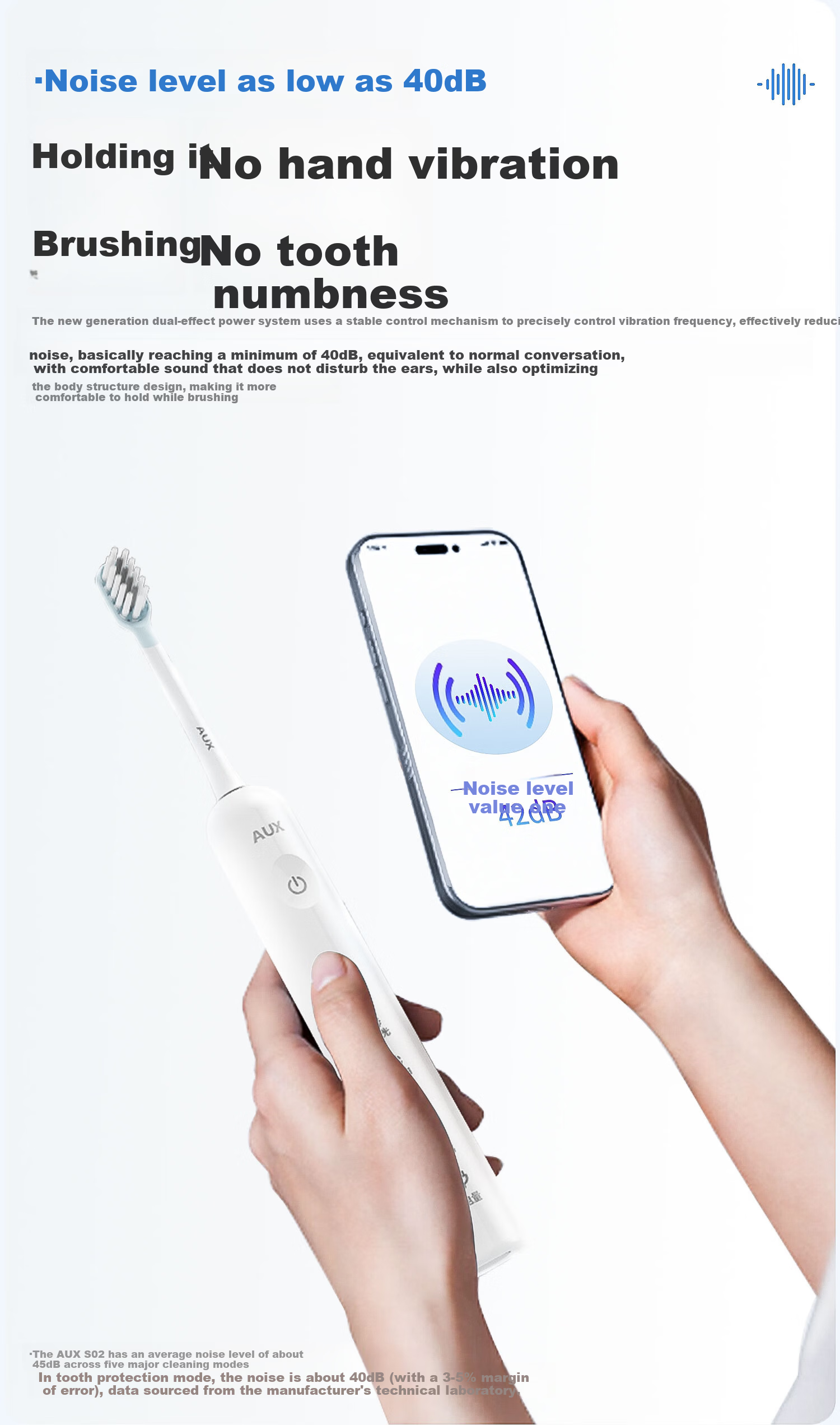 AUX Blue Light Sonic Electric Toothbrush S02 White + 2 Brush Heads Long Battery Life Soft Bristles Comfortable Whitening Deep Cleaning Gum Care Birthday Gift 9