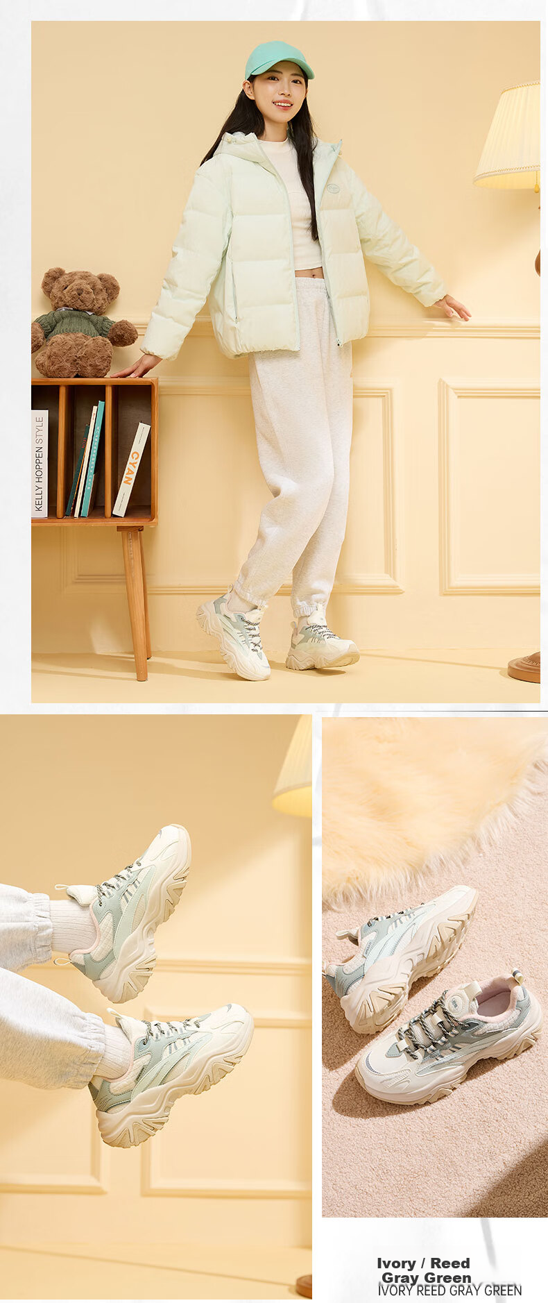 QIAODAN Women's Sports Cotton Shoes Casual Hard Candy Dad Shoes Leather Fleece Warm Running Shoes 9