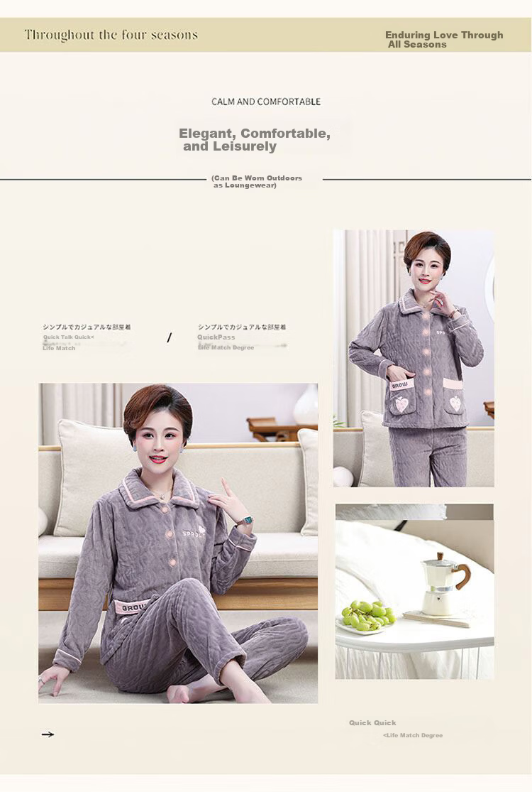 Urban Beauty Women's Flannel Pajamas Middle-aged and Elderly Mom Autumn Winter Coral Fleece Thickened Plus Size Homewear 4