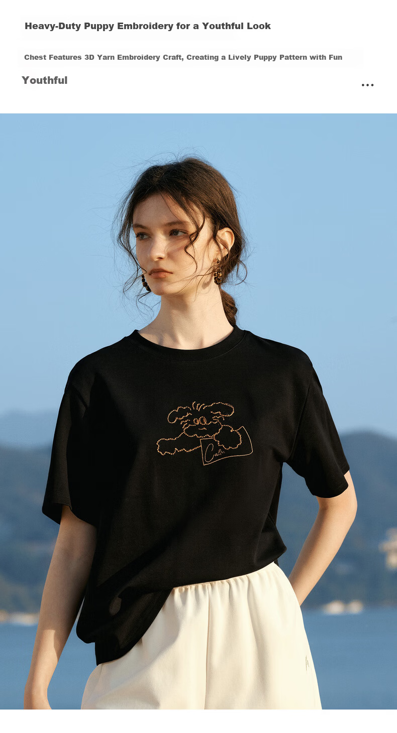 Olrain Eurier New Summer Women's Casual Dog Embroidery Crew Neck Loose Short Sleeve T-Shirt Black XL 5