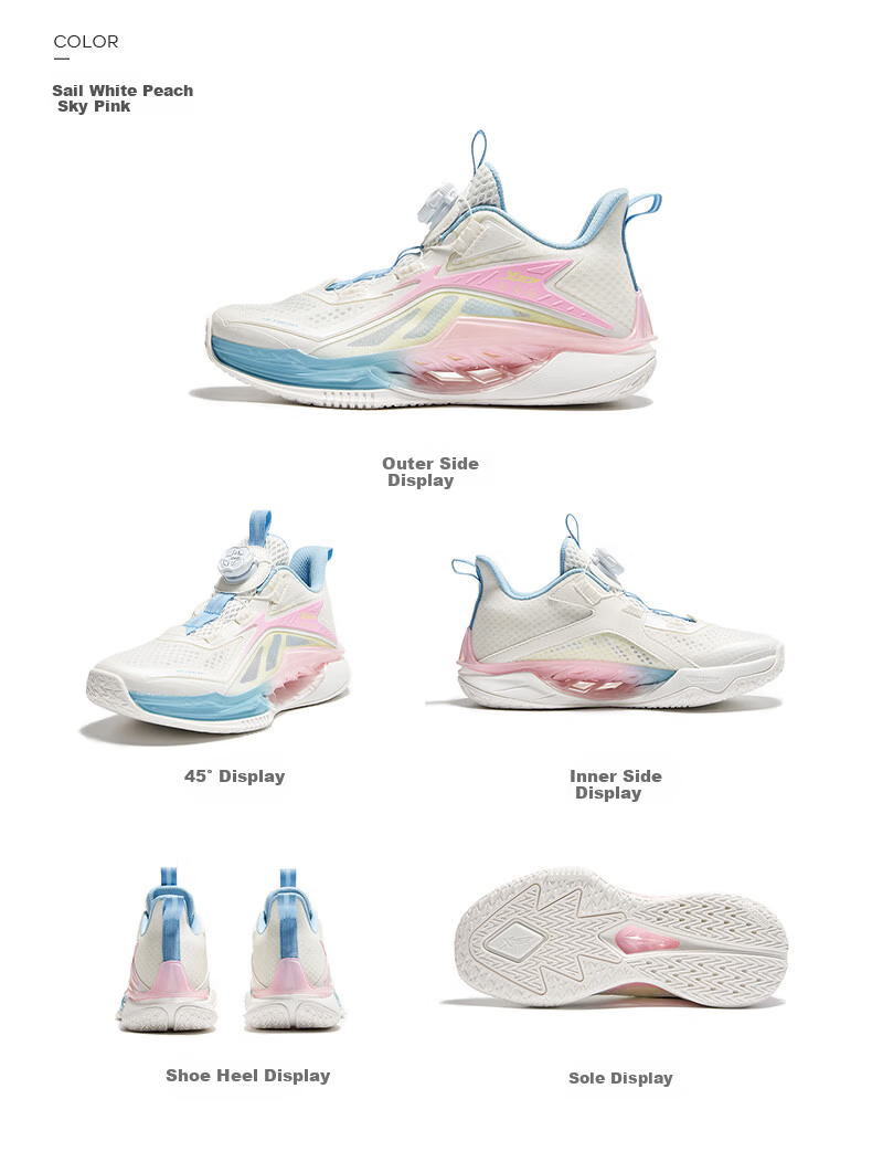XTEP Children's Shoes, Boys' Big Kids Mesh Breathable Rotating Buckle Basketball Shoes, Sail White/peach Pink, Size 37 19