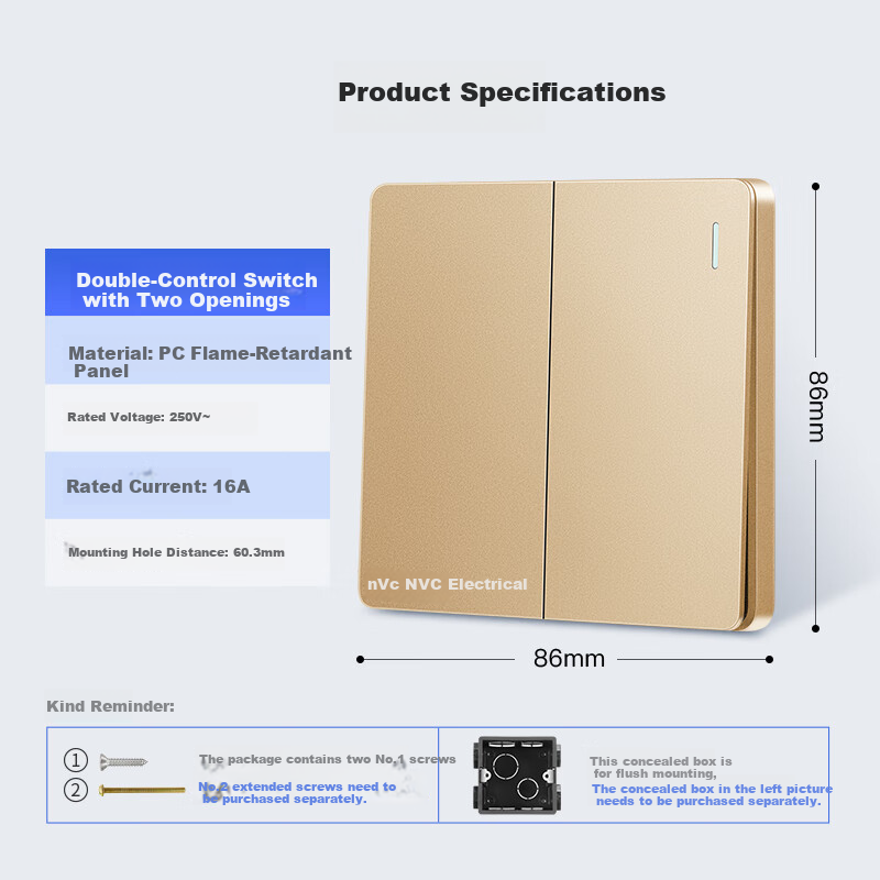 NVC Lighting Electrical Switch Socket Two-Gang Double Control 86 Type Concealed Wall Switch Panel N25 Champagne Gold