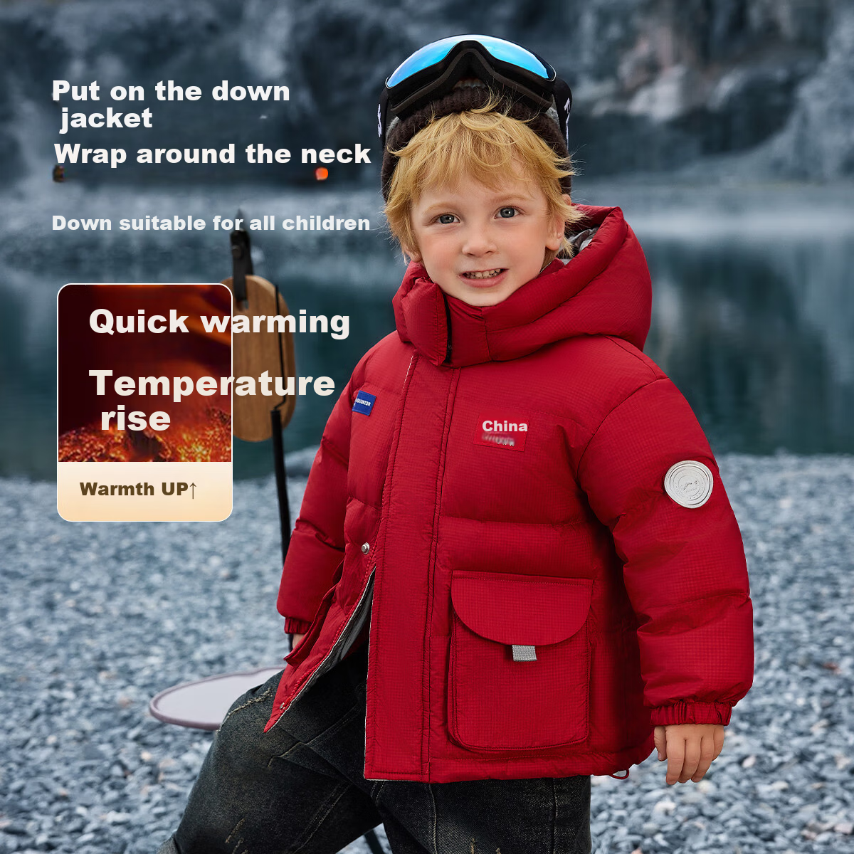ASK JUNIOR Kids Down Jacket Boys Winter Thickened Warm Heat-Retaining Toddler Windproof Red New Year Coat 1