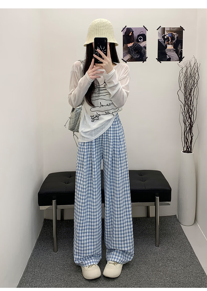 Borui Plaid Casual Pants for Women 2026 New Spring Summer Lightweight Loose Wide-Leg Pants Black XL 20