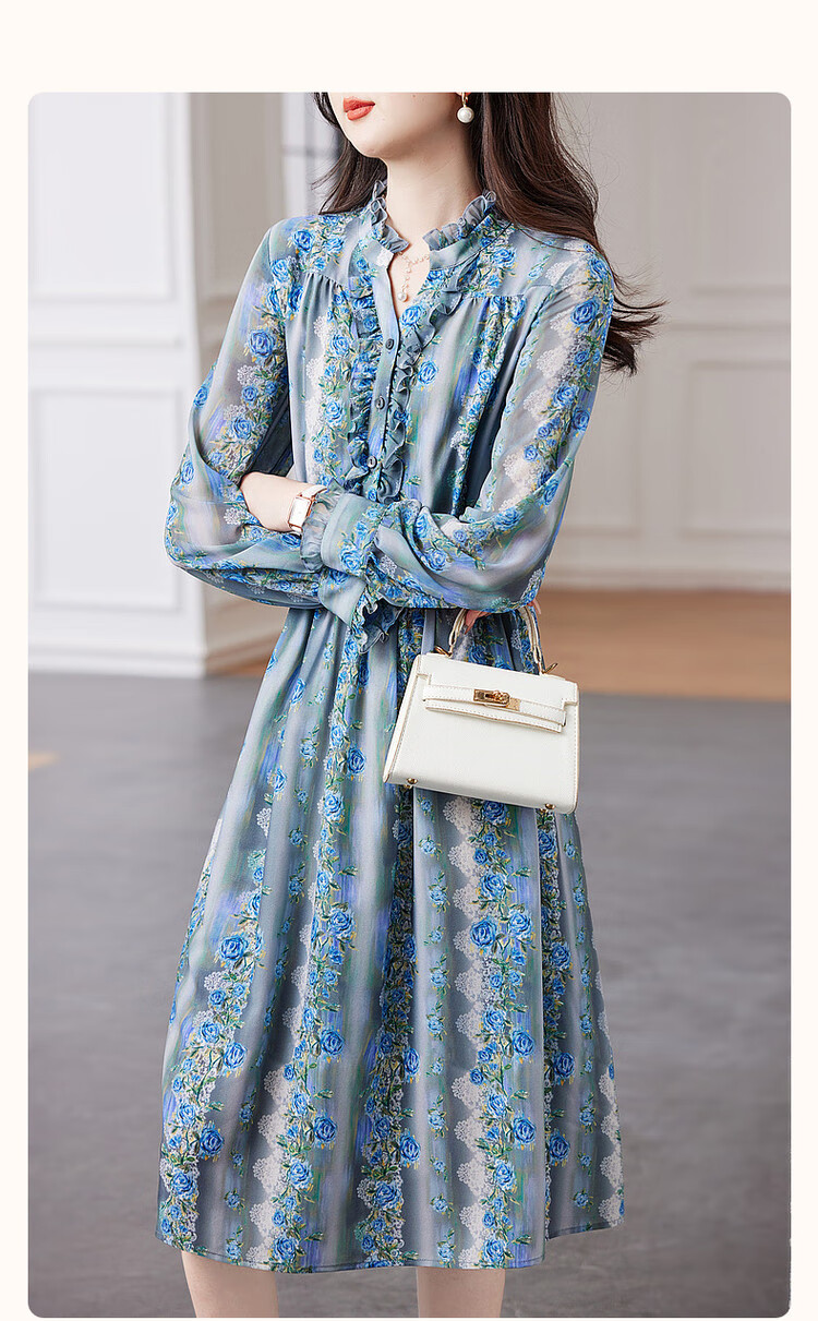 Dme [Huayao Crinkle Floral Print Dress], Spring And Autumn Stand-Collar Waist-Cinching Ruffle Trim Dress for Wome 2