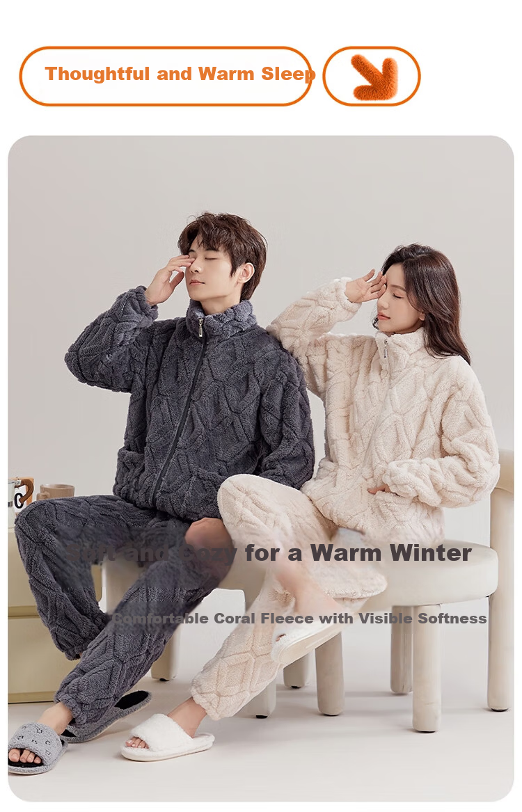 LangSha New Winter Couple Pajamas Fleece Thickened Men's Flannel Homewear Set 8