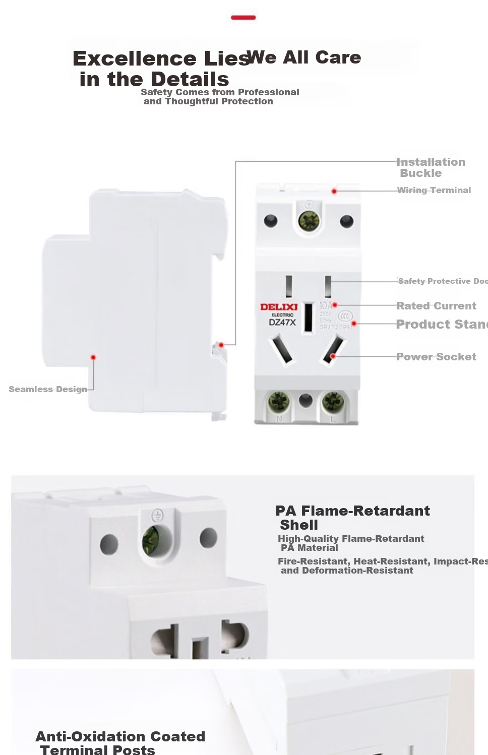 Delixi Electric DIN Rail Socket Five-Hole 10A Modular Socket DZ47X510 Rail-Mounted Distribution Box Socket Multimedia Box Construction Site Socket 4