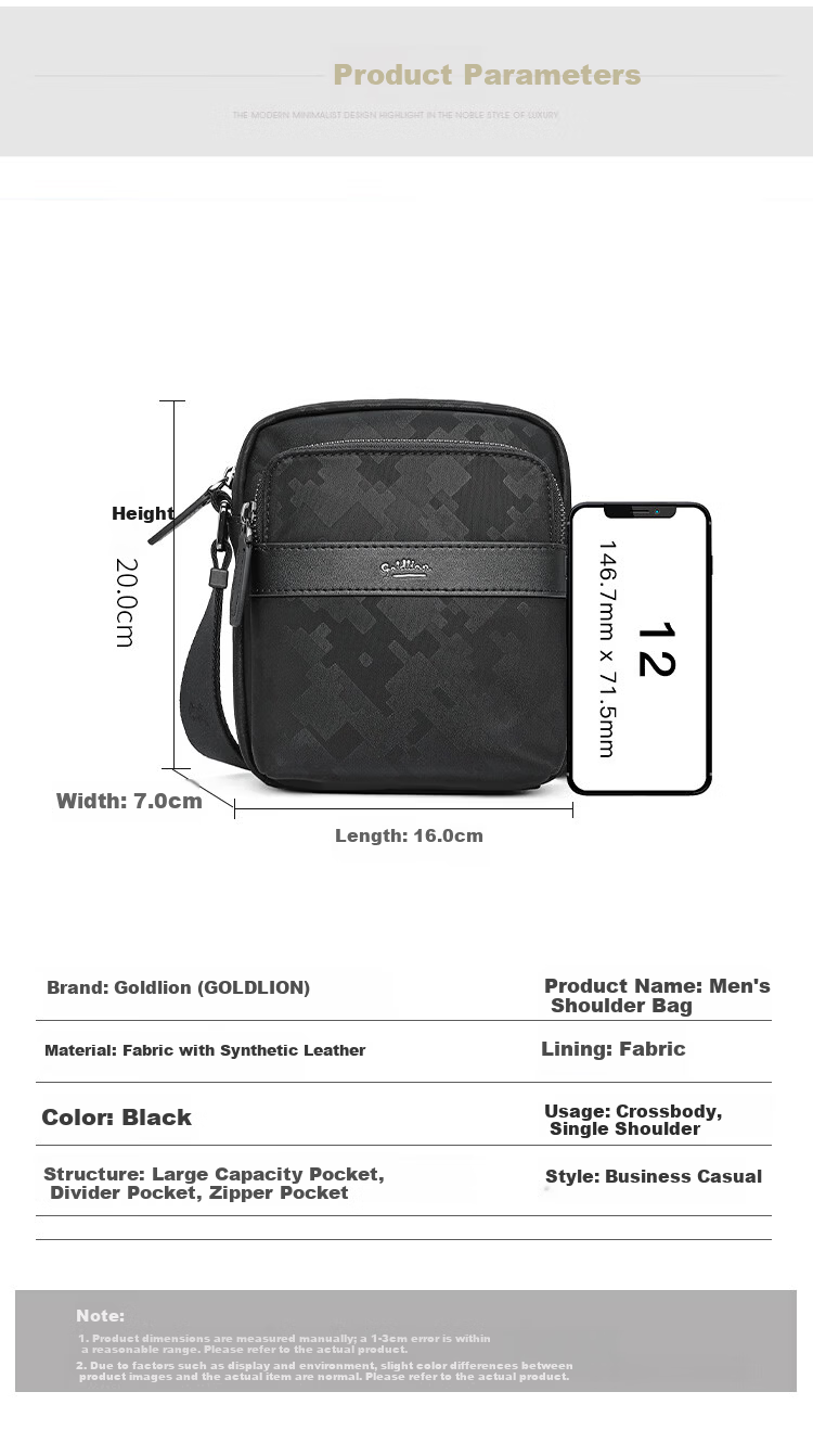 Goldlion Vertical Shoulder Bag Small Crossbody Bag Large Capacity Lightweight Durable Fabric Men's Bag New Year Gift 9