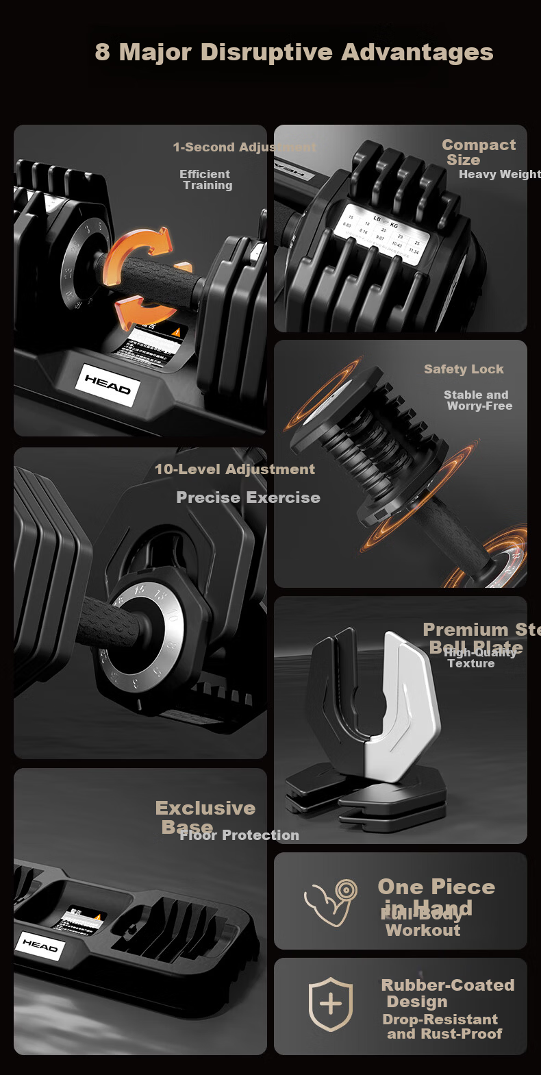 HEAD Adjustable Dumbbells Men and Women Fitness Equipment Home Use Pure Steel Quick Adjustment Set Home Workout Equipment 7