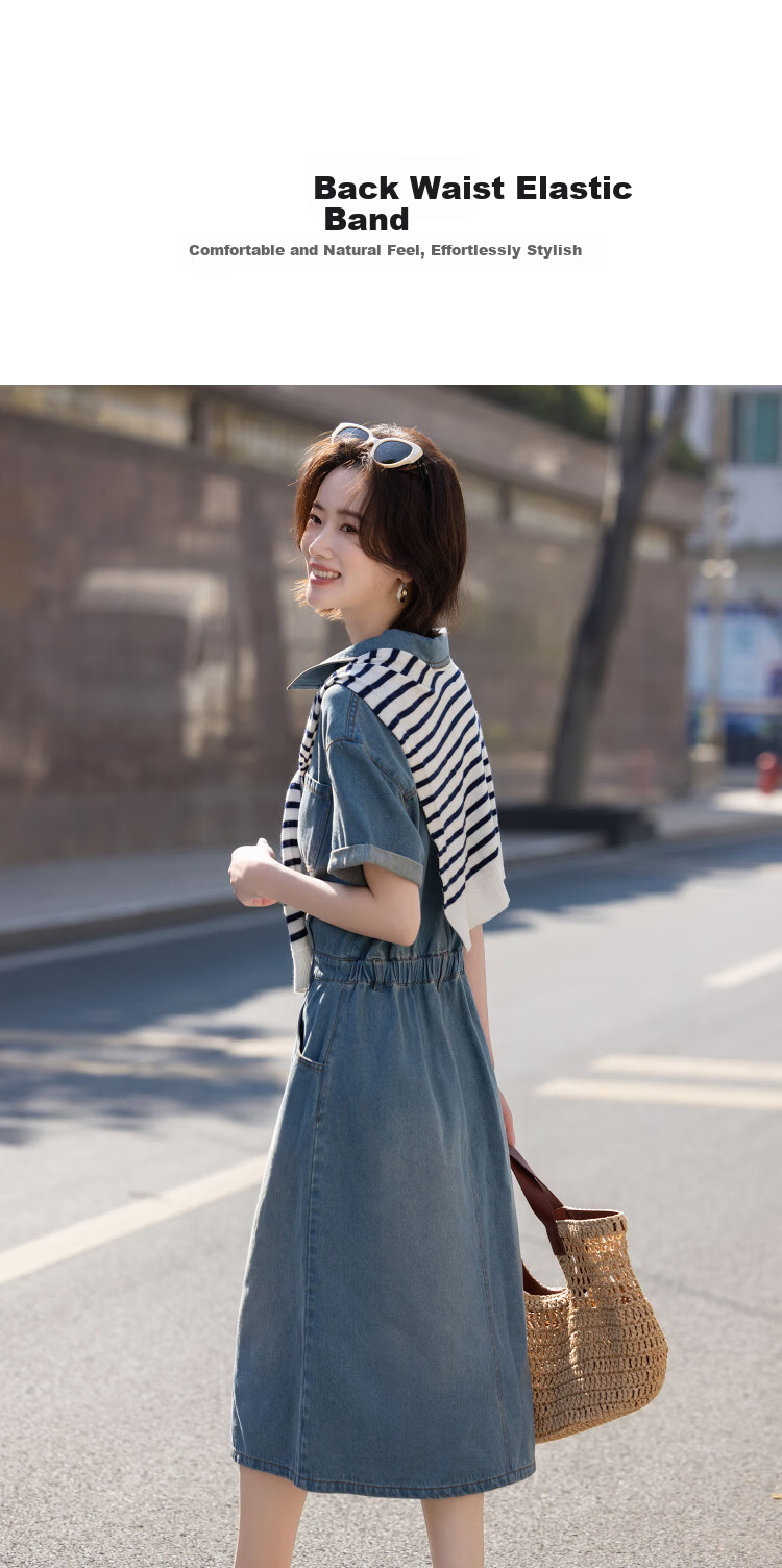 Demana Denim Cloud Oxygen Cotton Summer Simple Style Back Waist Elastic Pocket Folded Sleeve Slim Dress for Women Premium Feel 2