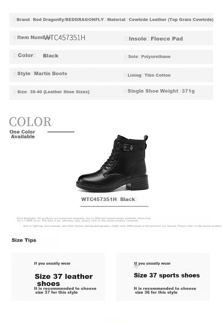 Red Dragonfly Women's Martin Boots Winter Fleece Lined Trendy Short Boots Thick Sole Versatile High Top Leather Boots WTC457351H Black Size 35 10