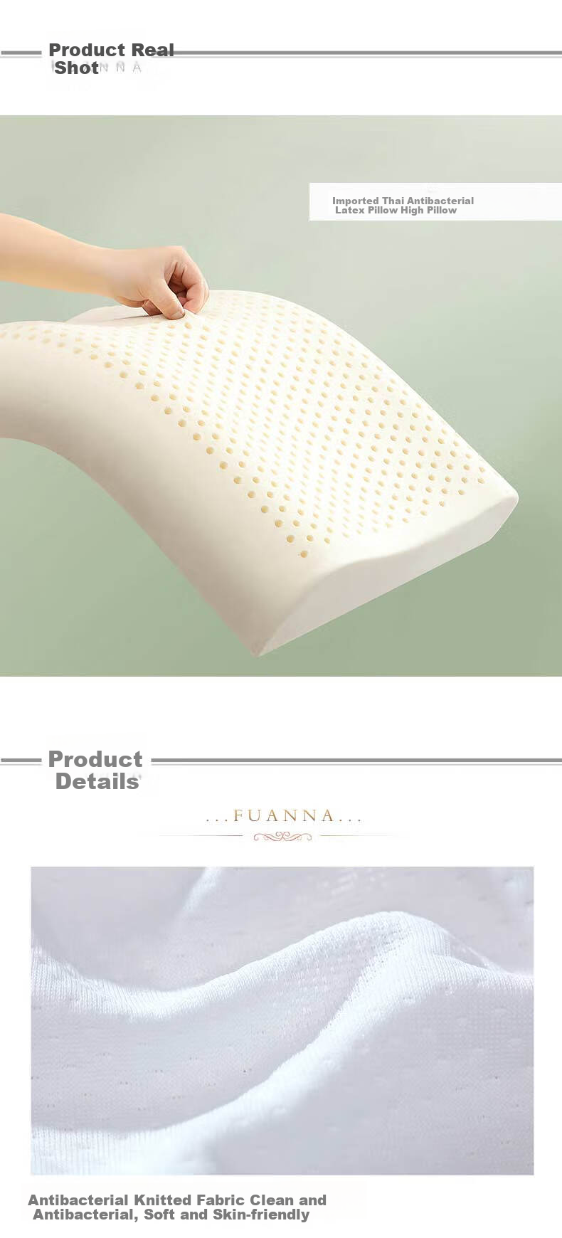 Fuanna Home Textile Latex Pillow Thai Imported Natural Deep Sleep Cervical Pillow Core Antibacterial High Pillow 59*39*10/12cm 12