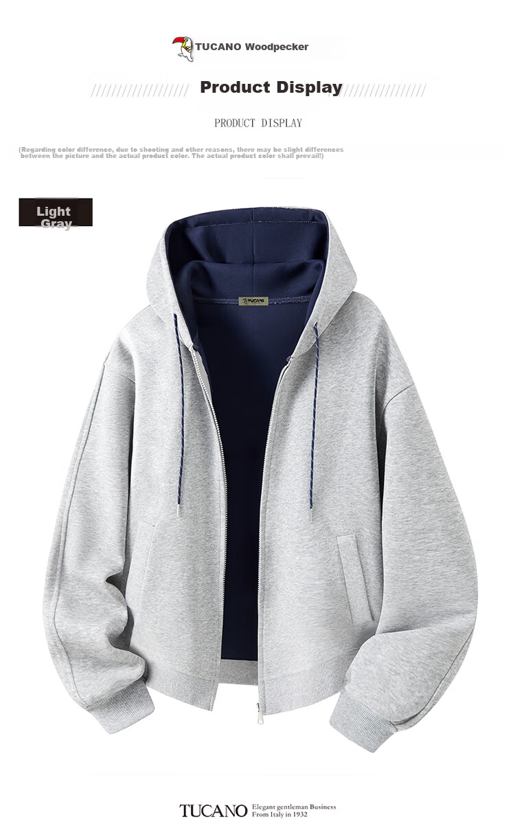 TUCANO Men's Hoodie Jacket Spring Autumn Heavyweight Loose Casual Colorblock Zip-up Light Gray 2XL 6