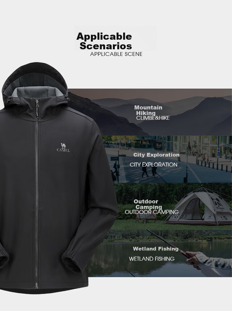 CAMEL Outdoor Men's Fleece-Lined Thickened Softshell Jacket with Hood, Water-Repellent and Windproof Running Coat for Women, Spring and Autumn 10