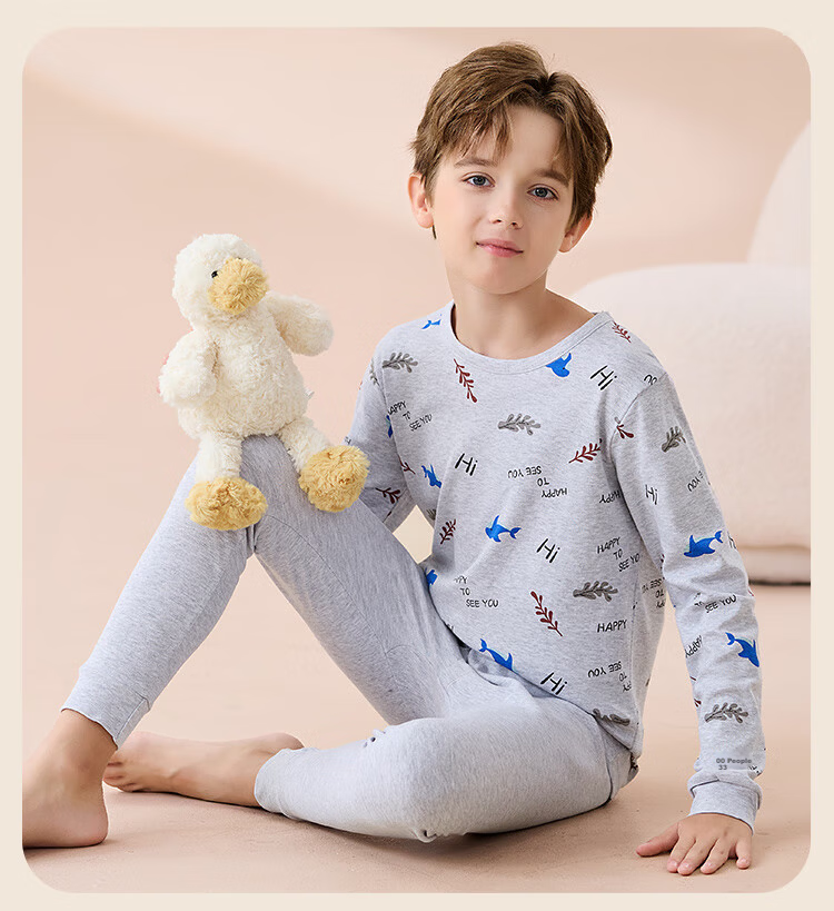 Hodo Children's Thermal Underwear Pure Cotton Girls Comfortable Soft Skin-friendly Antibacterial Mite-proof Long Sleeve Crew Neck Autumn Top and Bottom Set 19