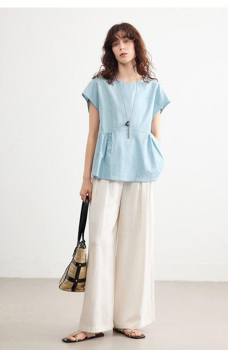Demana [with Flax Cloud Cotton] Summer Simple Style Round Neck Covered Sleeve Lace Lightweight Loose Slim Shirt for Women Premium 17