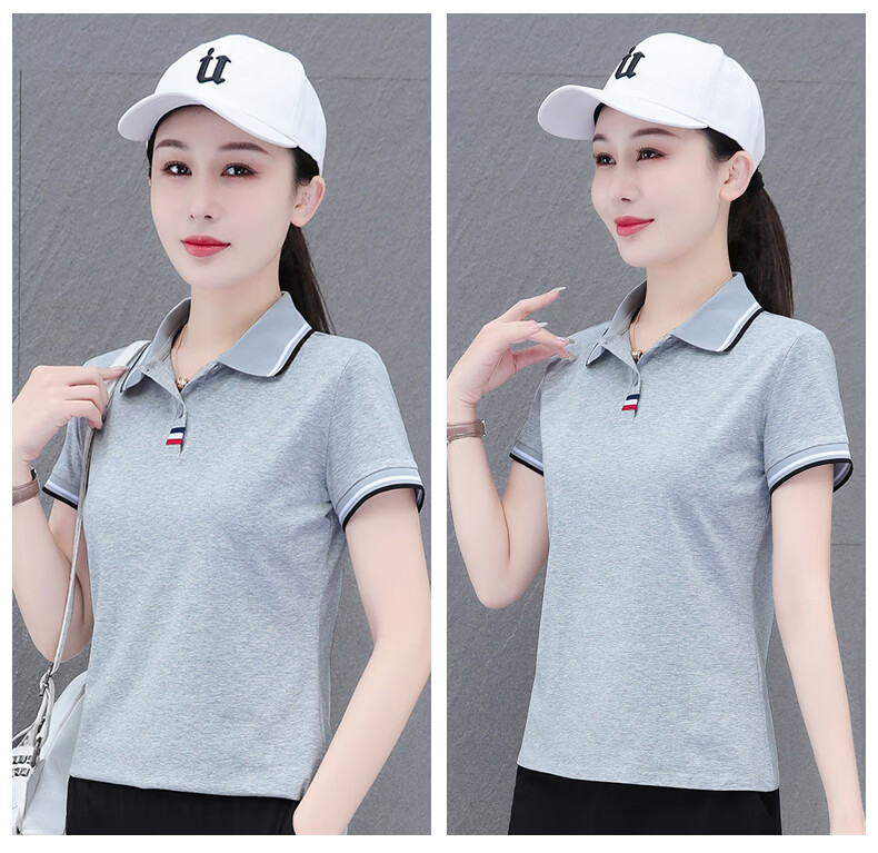 Woodpecker Women's Polo Shirt Short Sleeve T-Shirt Summer New Pure Cotton Regular Shoulder Turn-down Collar Casual Plus Size Slim Fit Top Gray M 18