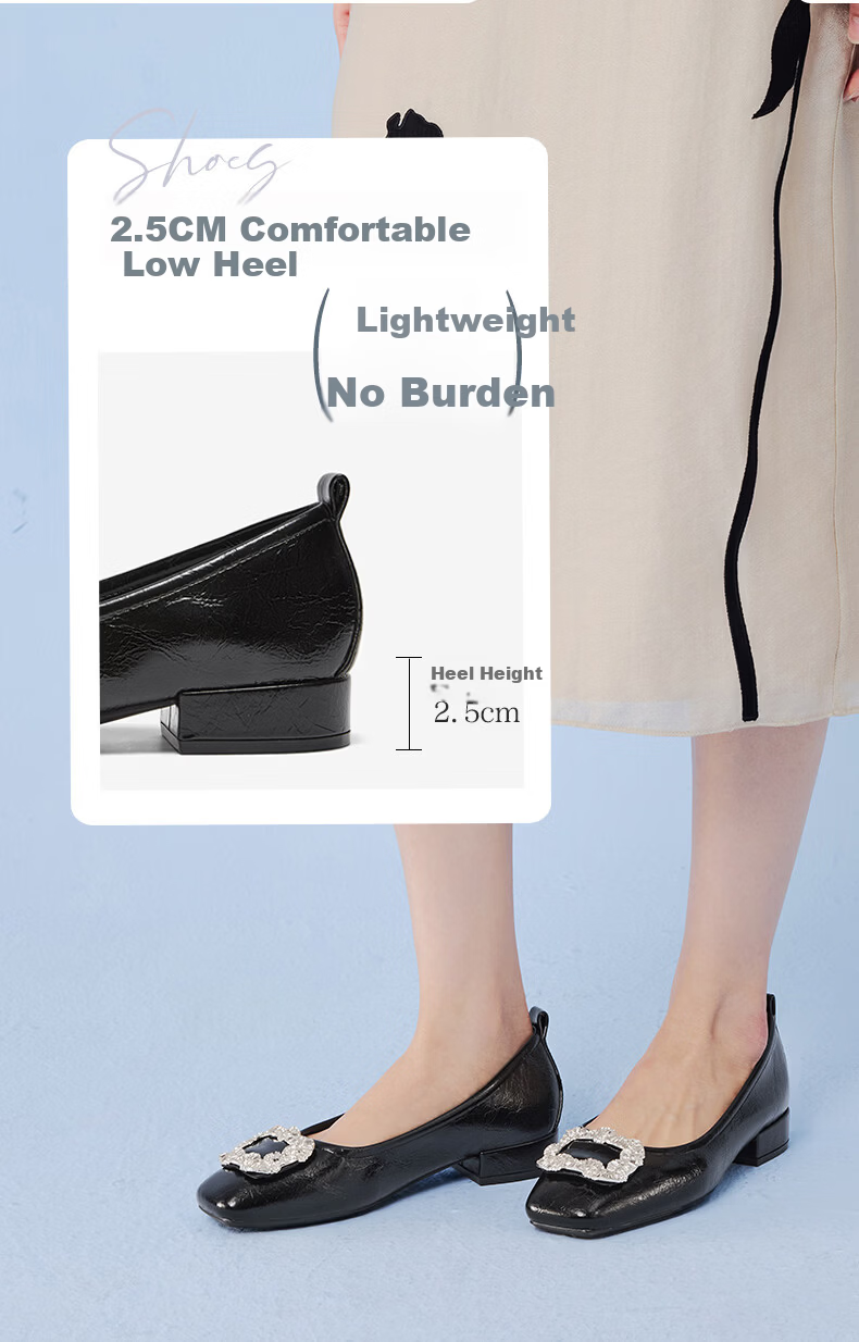 Basto 26 Spring Fashion Shiny Rhinestone Commuting Low-Cut Square Toe Women's Flats R6162AQ6 Beige 37 10
