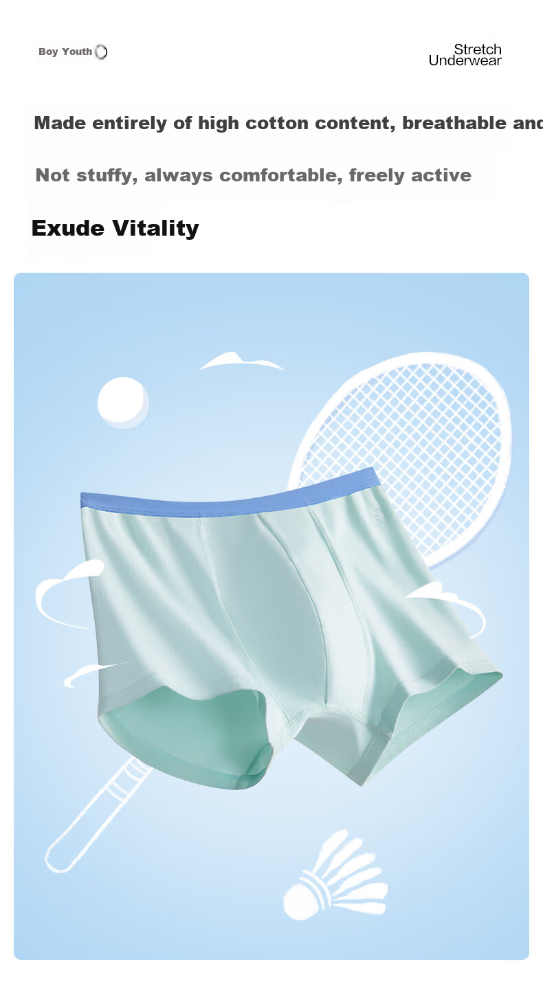 PurCotton Children's 7A Mesh Antibacterial Crotch Elastic Boxer Briefs, Cedar Green + Topaz Blue + Light Silver Gray (Yellow Waistband) 2