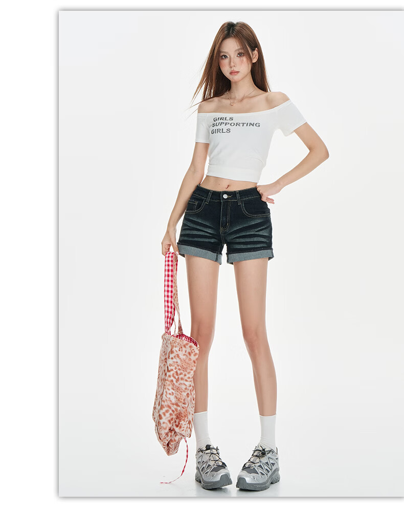 Jeanswest Women's Denim Shorts 2026 Vintage Washed American Style Loose Low Waist Rolled Hem Hot Pants Black M 7