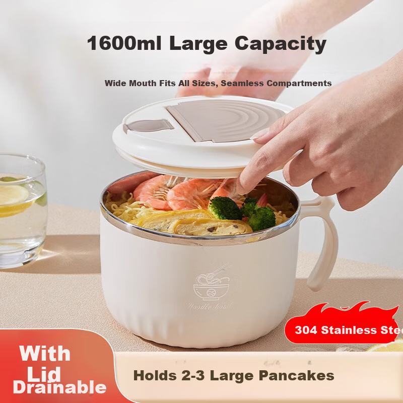 KATEI STORY Japanese 304 Stainless Steel Draining Instant Noodle Bowl Large Capacity Dormitory Student Covered Bowl with Handle Insulated Lunch Box