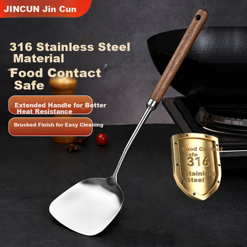 Jincun 316 Stainless Steel Cooking Spatula and Stir Fry Spoon, Thickened Food-Grade Iron Wok Spatula with Heat Insulation and Anti-Scald Design for Home Use