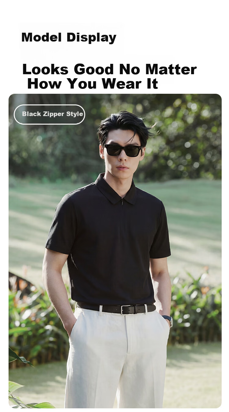 JD Jingzao Mulberry Silk Men's Polo Shirt Short Sleeve High-End T-Shirt Spring Summer Cool Business Casual Elegant Black Zipper M 7